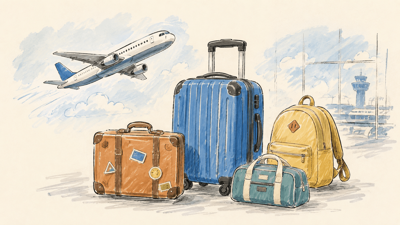 A hand-drawn travel scene with luggage, a backpack, and an airplane at an airport