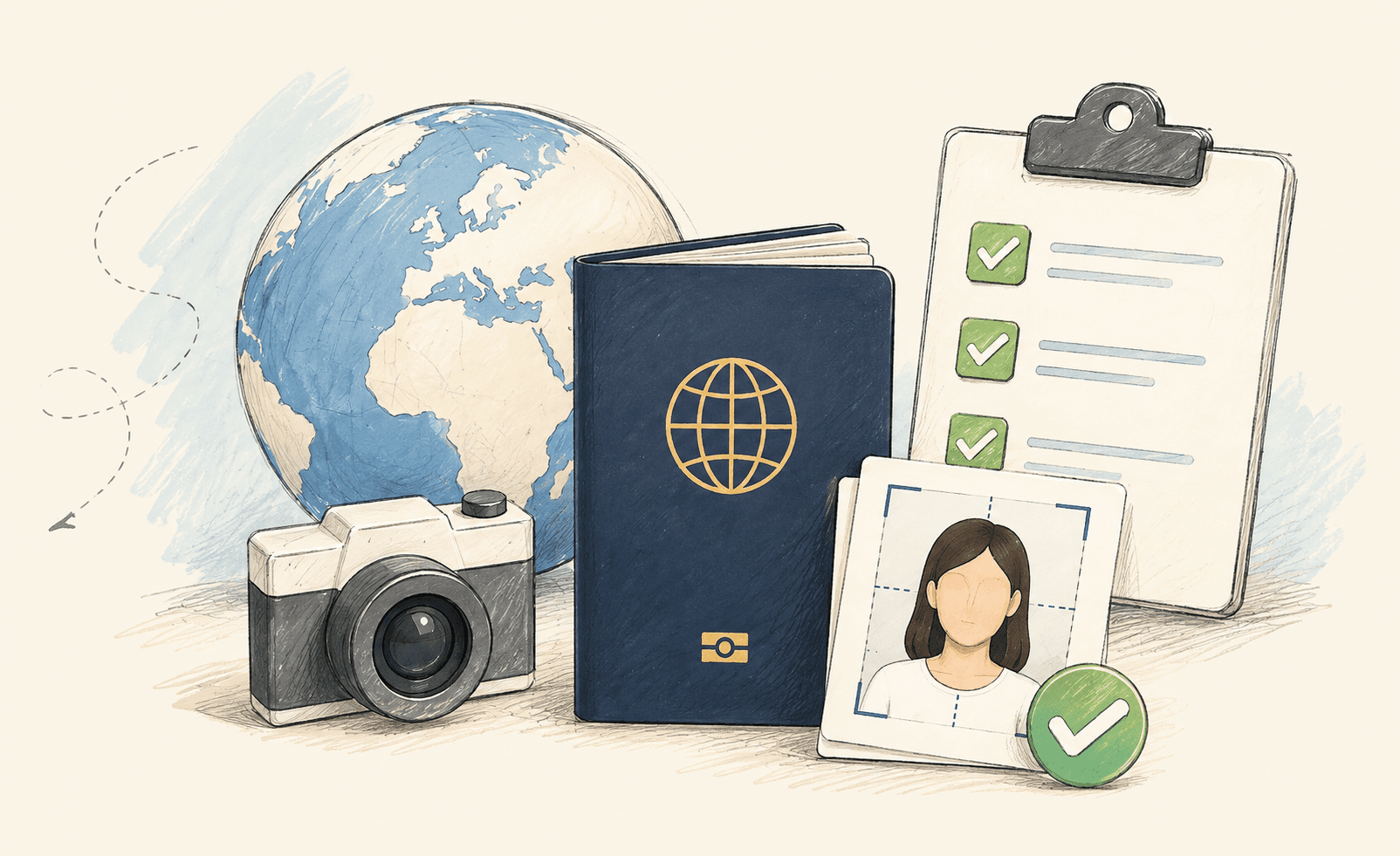 An illustrated globe, passport, camera, photo ID, and application checklist