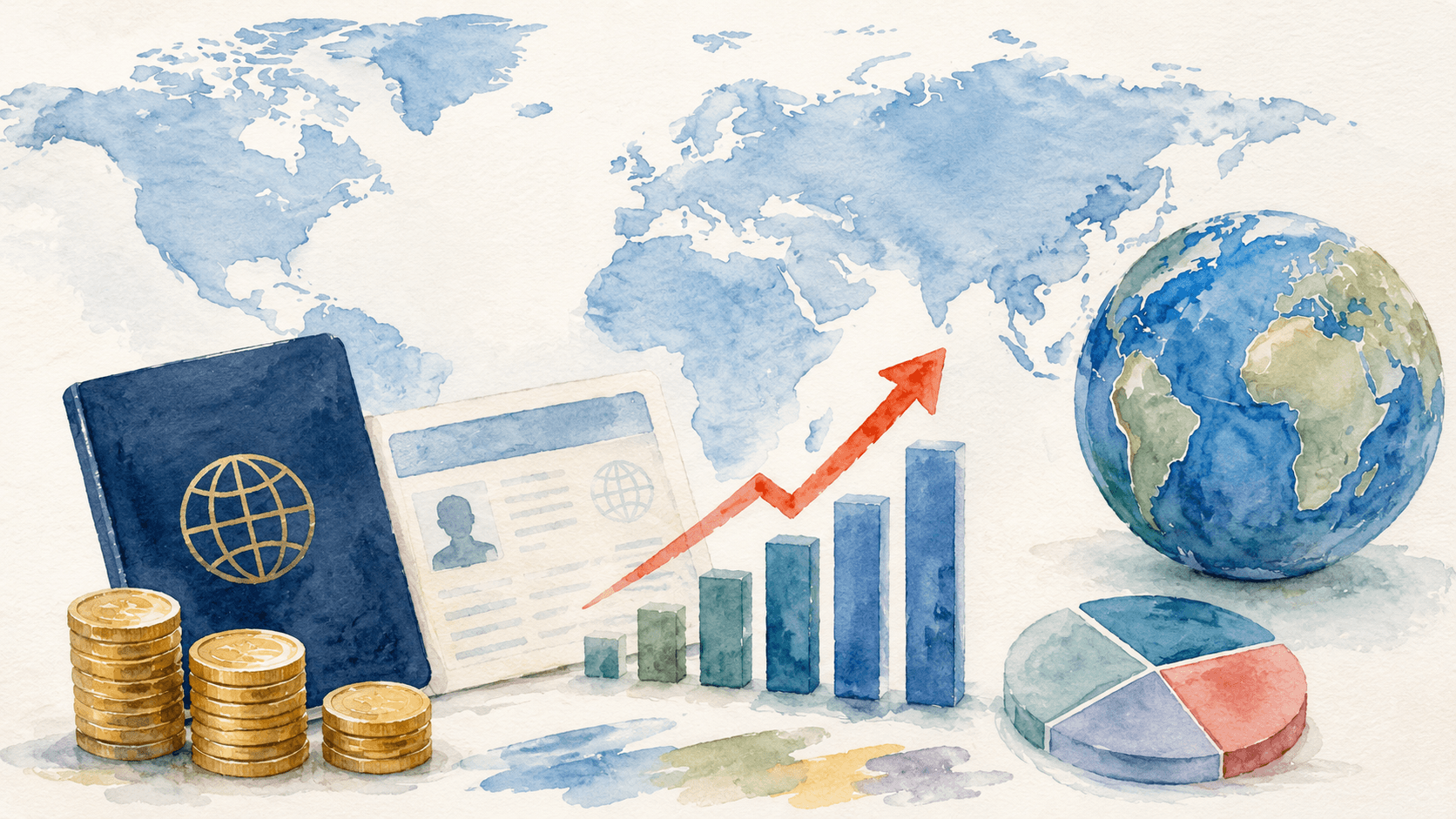 A hand-drawn passport, global map, and travel-cost charts