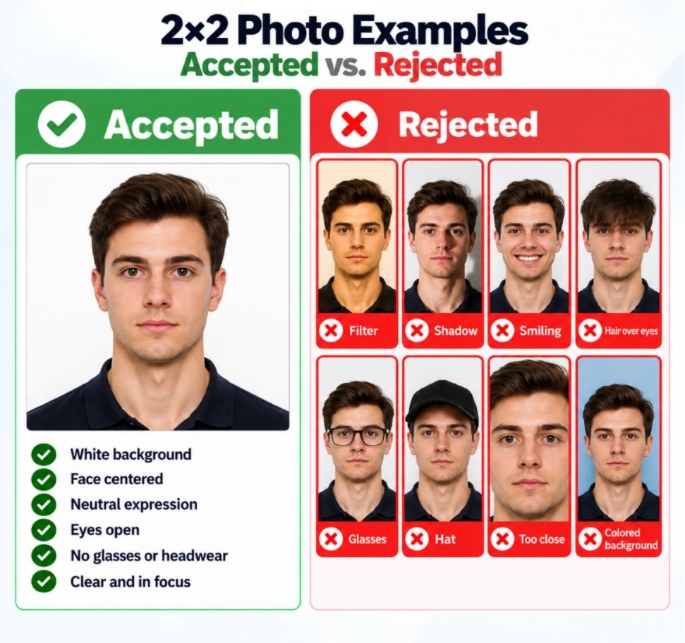 Accepted and rejected 2x2 photo examples, showing common framing, background, lighting, and image-quality errors.