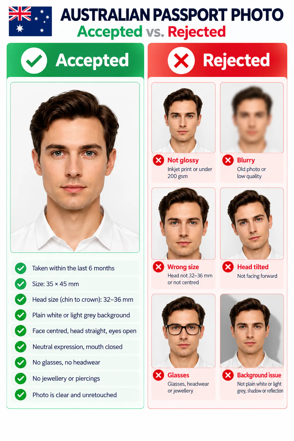 Accepted and rejected Australian passport photo examples, showing common framing, background, lighting, and accessory errors.