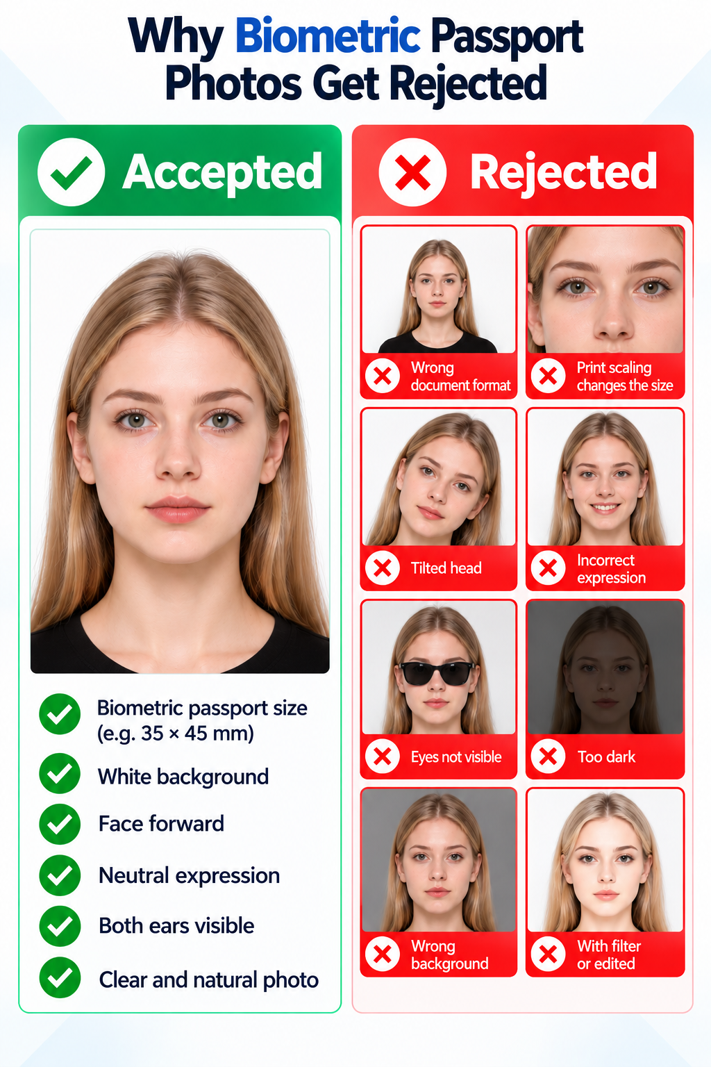 Biometrische Passfotobeispiele: Porträt im Vergleich zu falschem Dokumentformat, Druckskalierung, geneigtem Kopf, falschem Ausdruck, verdeckten Augen, Dunkelheit, falschem Hintergrund und Filtern