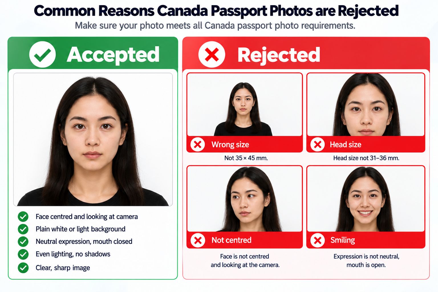 Accepted and rejected Canada passport photo examples, showing common framing, lighting, expression, and background errors.