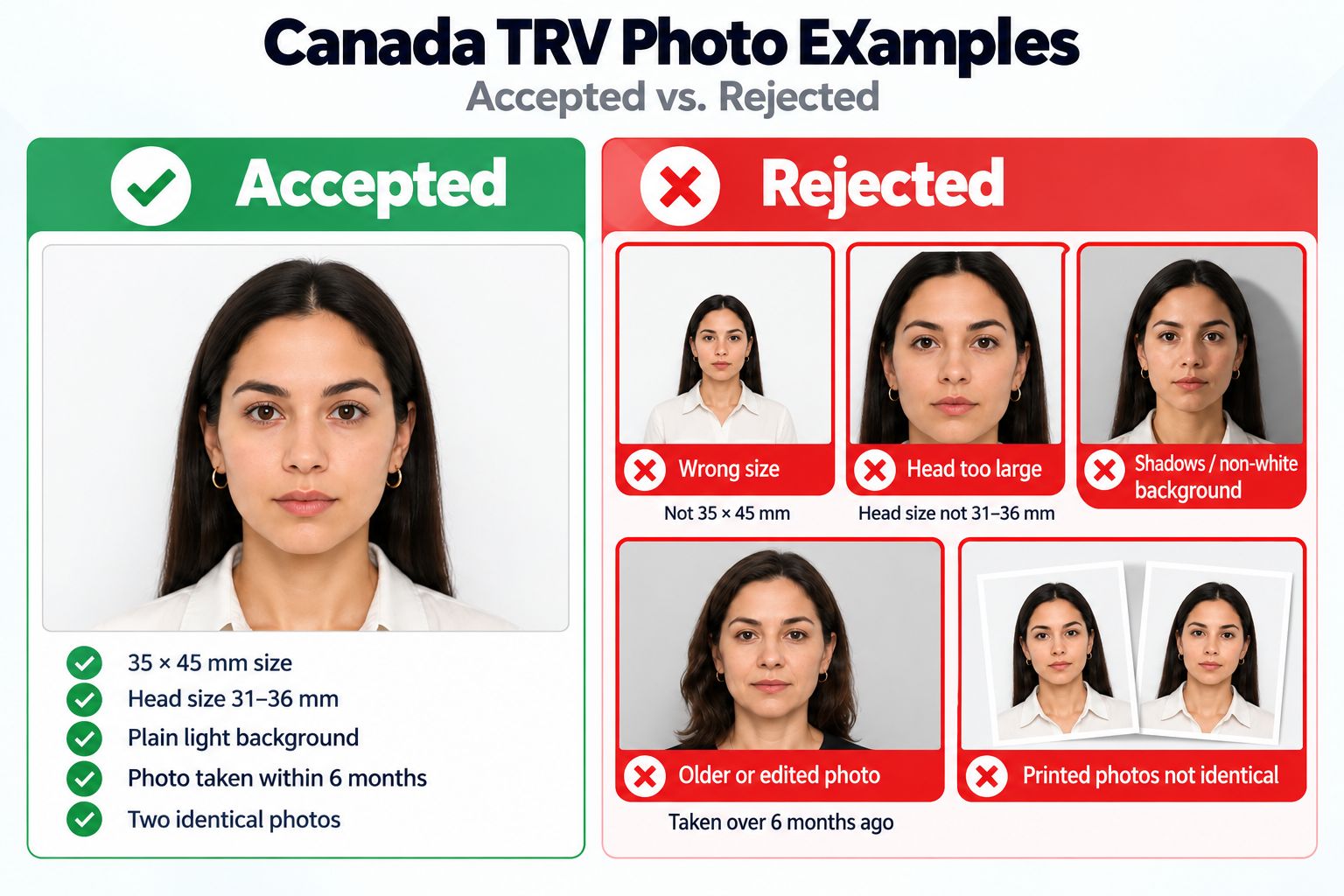 Common reasons Canada visa photos are rejected, including size, framing, background, and editing errors.