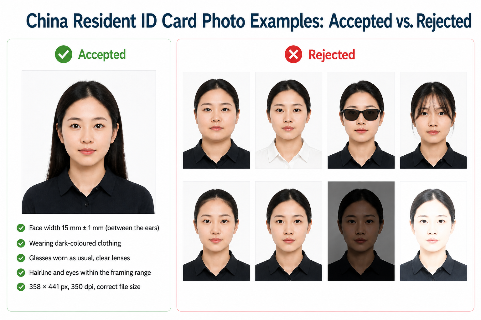 Accepted and rejected China Resident ID Card photo examples showing framing, clothing, glasses, hair, and lighting issues.