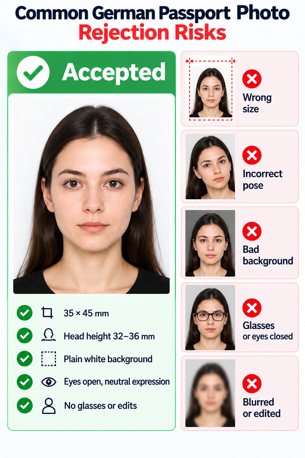 Accepted German passport photo beside examples rejected for wrong size, incorrect pose, bad background, glasses, closed eyes, blur, or editing.