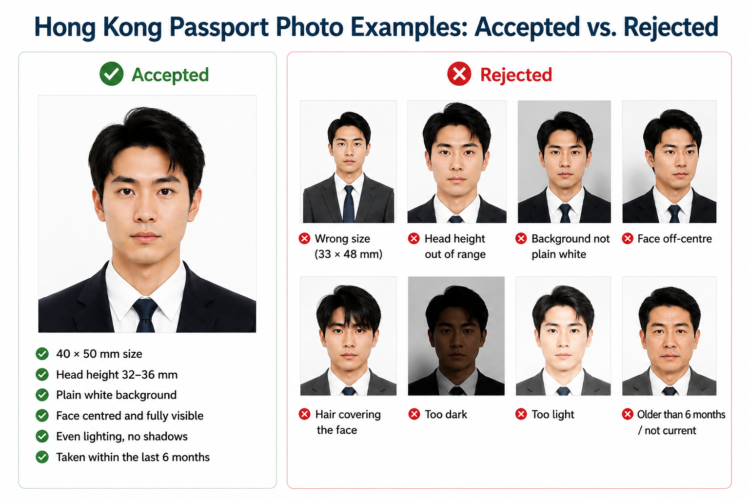 Accepted and rejected passport photo examples showing common framing, background, recency, lighting, and accessory errors.