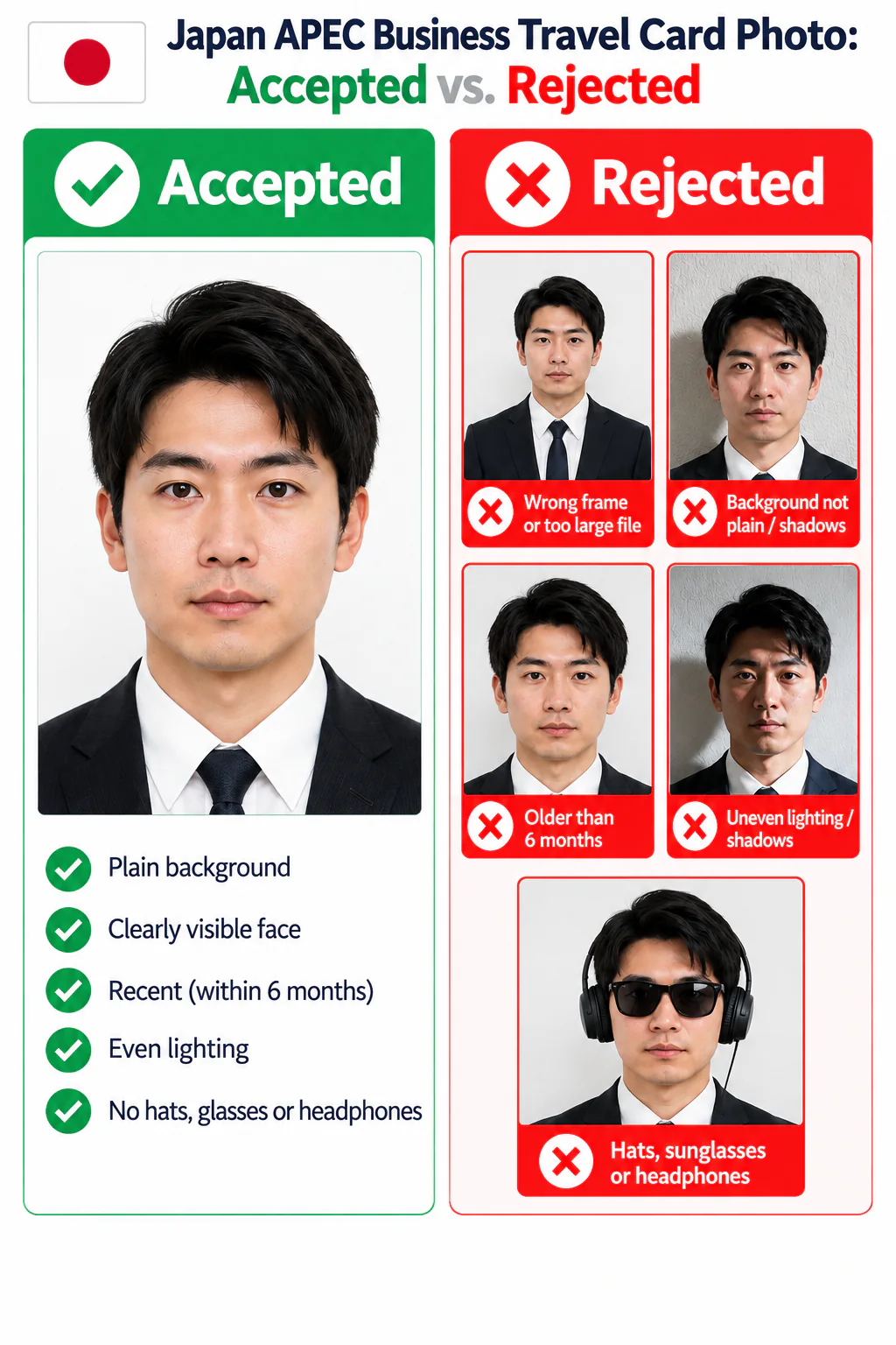 Accepted and rejected Japan APEC Business Travel Card photo examples showing common upload, background, recency, lighting, and accessory errors.