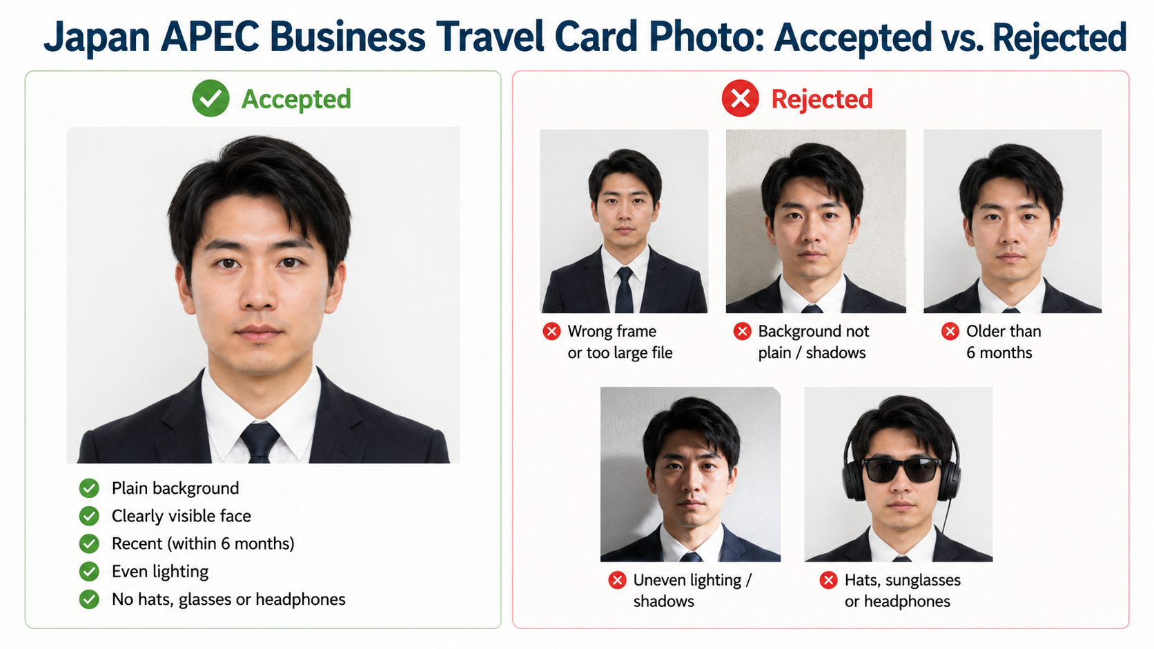 Accepted and rejected Japan APEC Business Travel Card photo examples showing common upload, background, recency, lighting, and accessory errors.