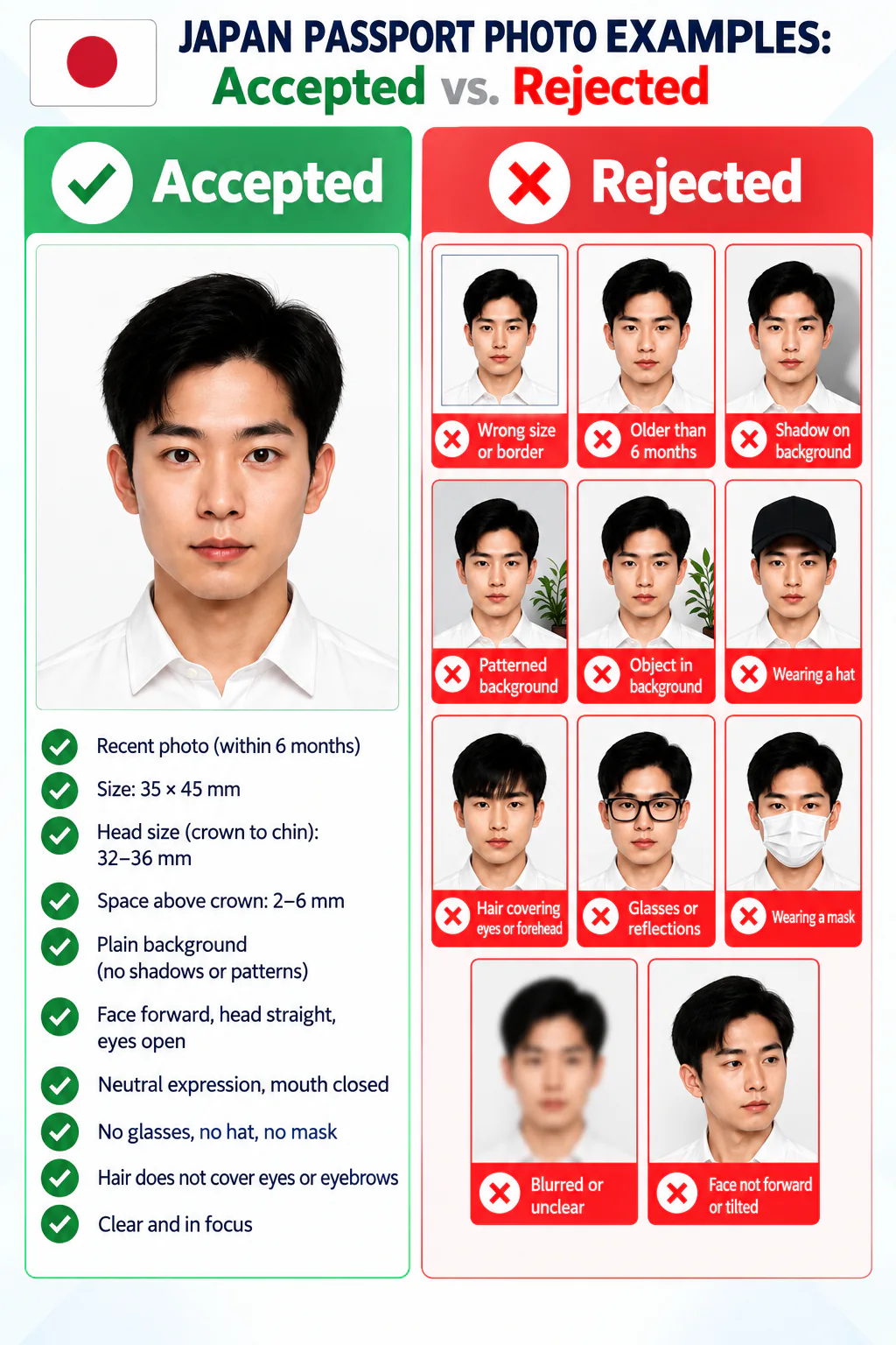 Accepted and rejected Japan passport photo examples, showing common sizing, framing, background, and accessory errors.