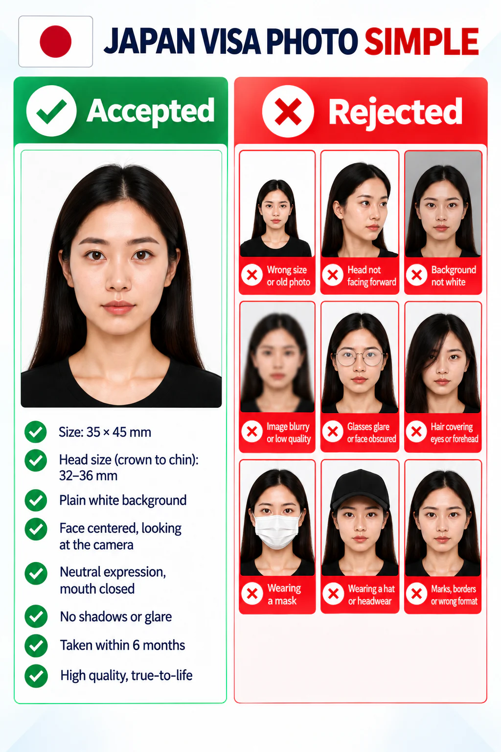 日本签证照片指南，展示合格构图和常见照片错误。