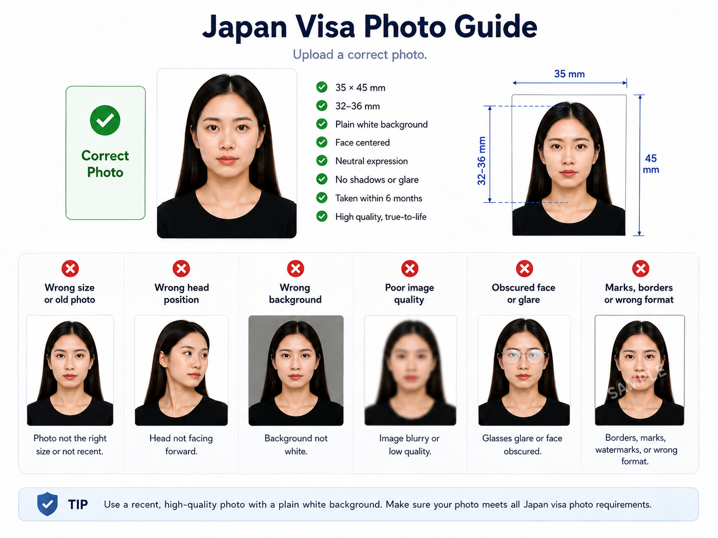 日本签证照片指南,展示合格构图和常见照片错误。