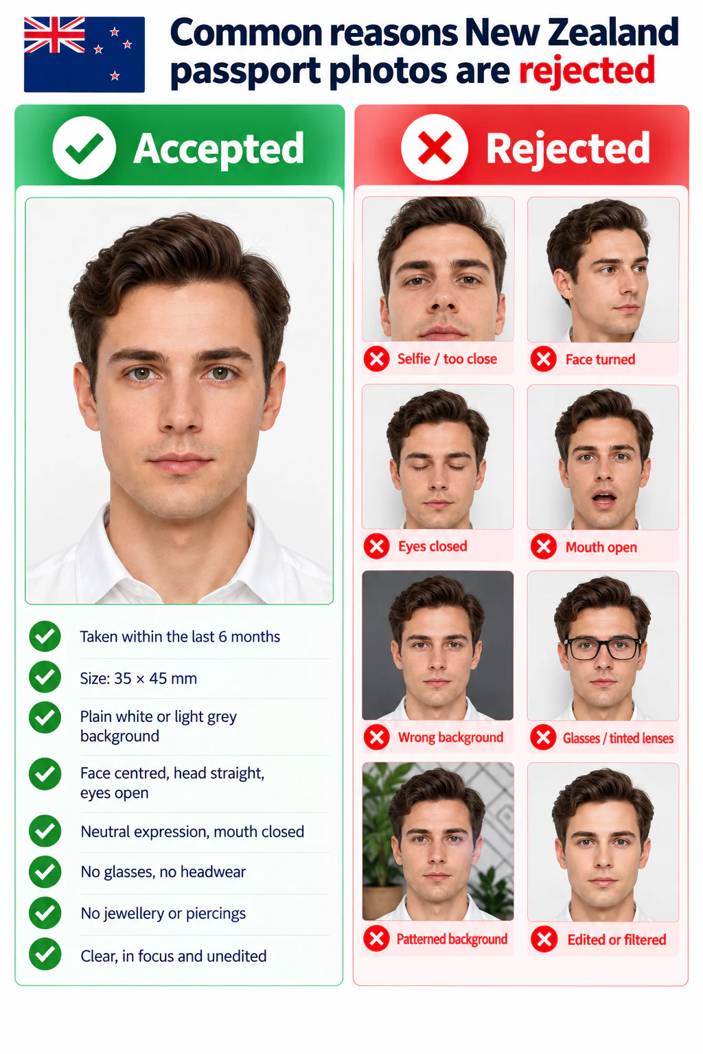 Accepted New Zealand passport photo alongside rejected examples showing a close selfie, turned face, closed eyes, open mouth, incorrect background, glasses, and digital editing.