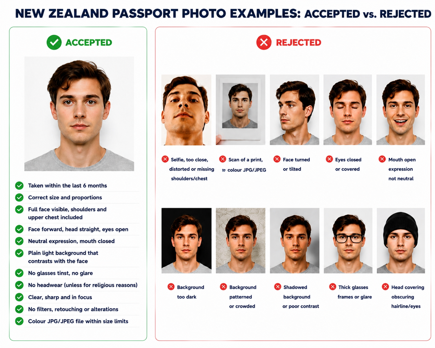 Examples of accepted and rejected New Zealand-style visa photos, showing background, framing, expression, and image-quality errors.