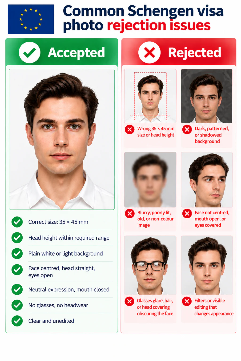 Accepted Schengen visa photo alongside rejected examples showing incorrect size or head height, a dark background, blur, off-centre positioning, glasses glare, facial obstruction, and visible editing.