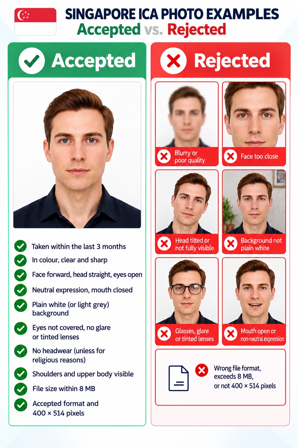 Accepted and rejected Singapore passport photo examples, showing common framing, background, expression, and image-quality errors.