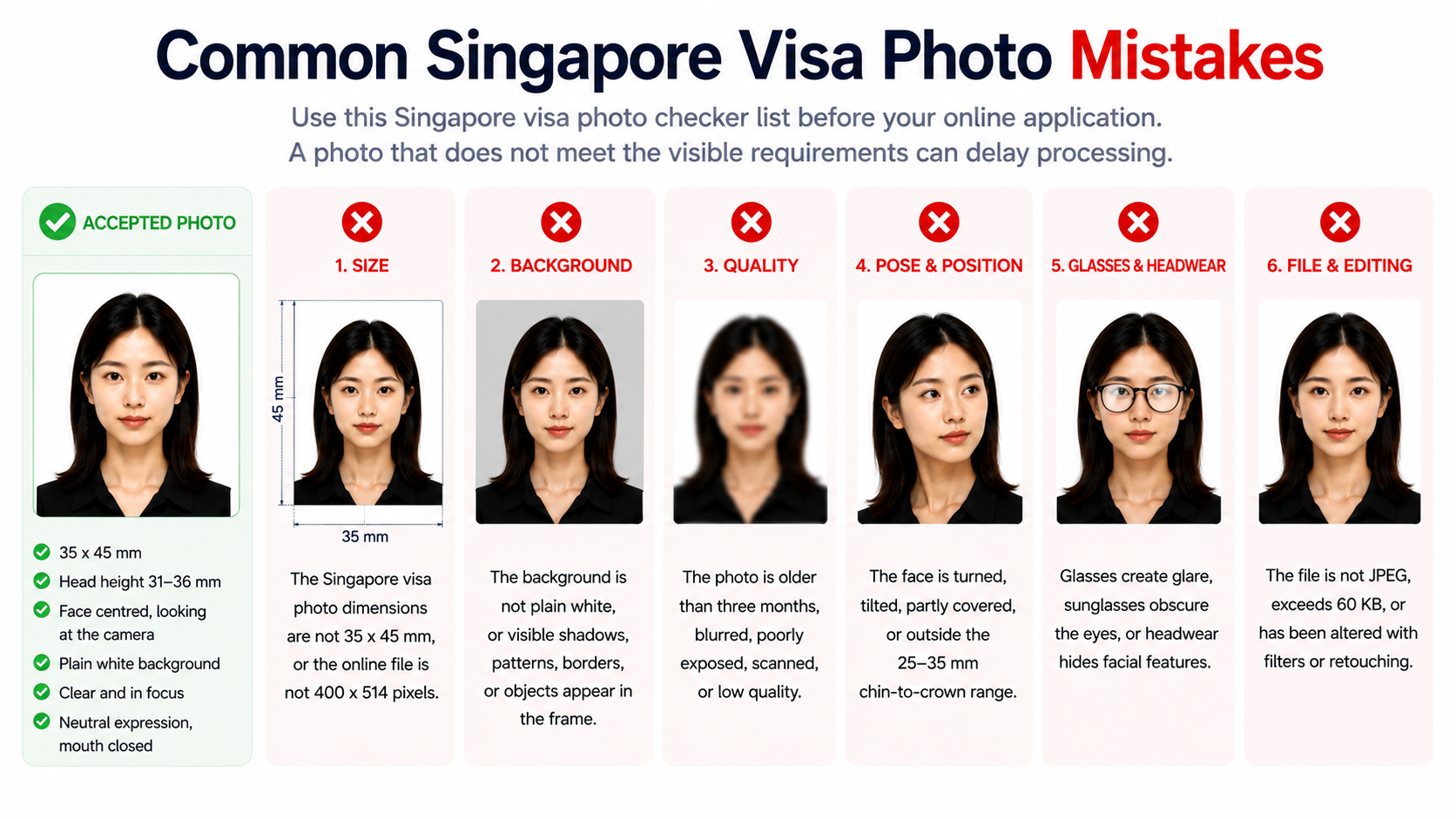 Common Singapore visa photo mistakes: wrong size, non-white background, poor quality, incorrect pose, glasses or headwear, and edited files.