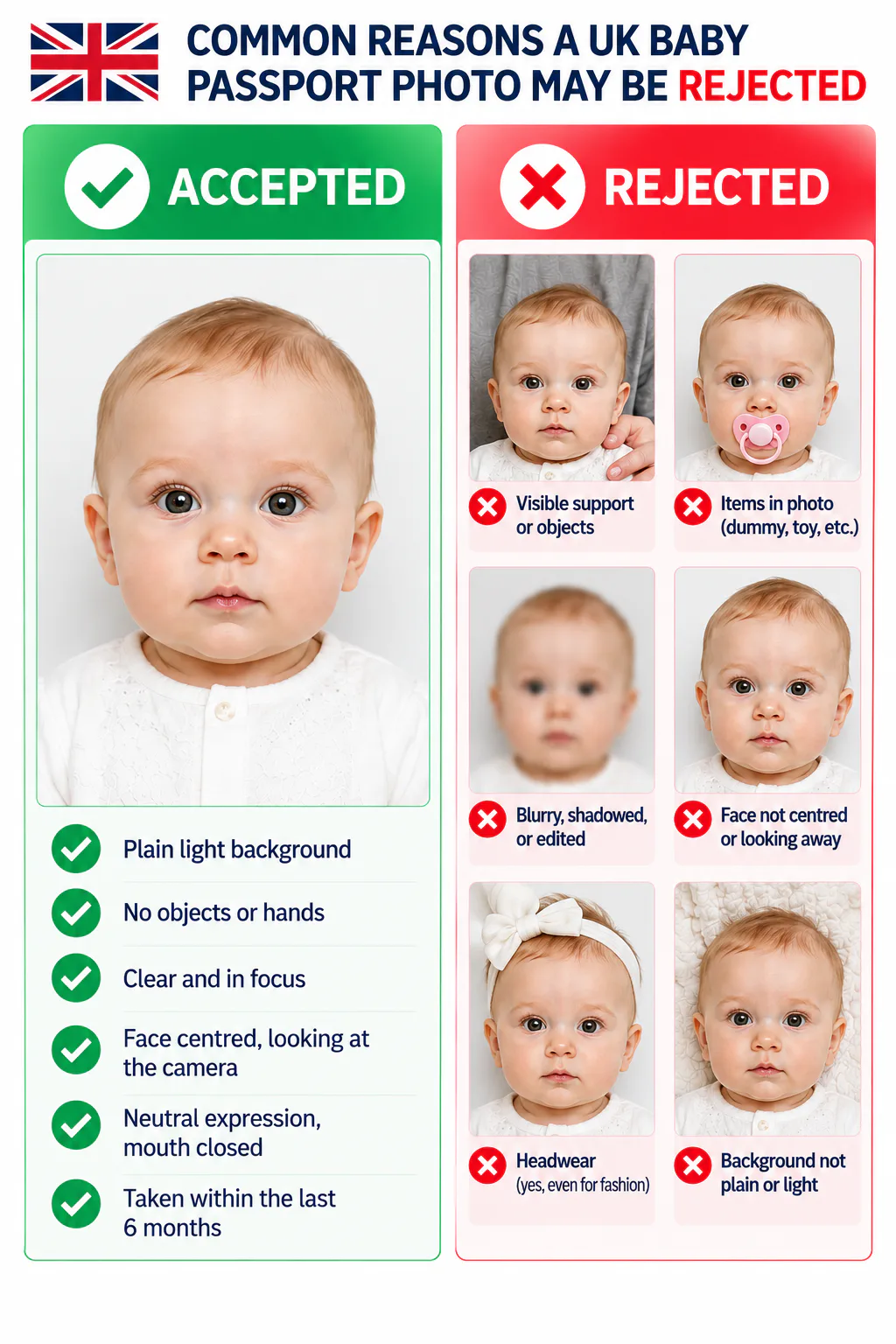Accepted and rejected UK baby passport photo examples