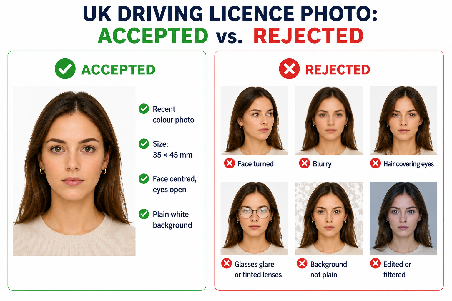 英国驾照照片通过与拒收示例