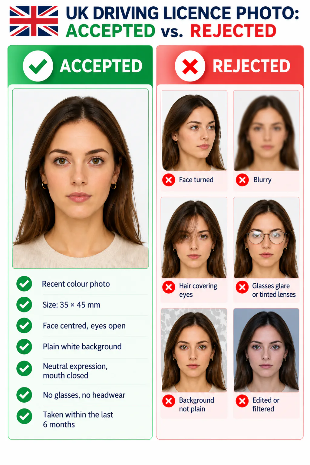 Accepted and rejected UK driving licence photo examples