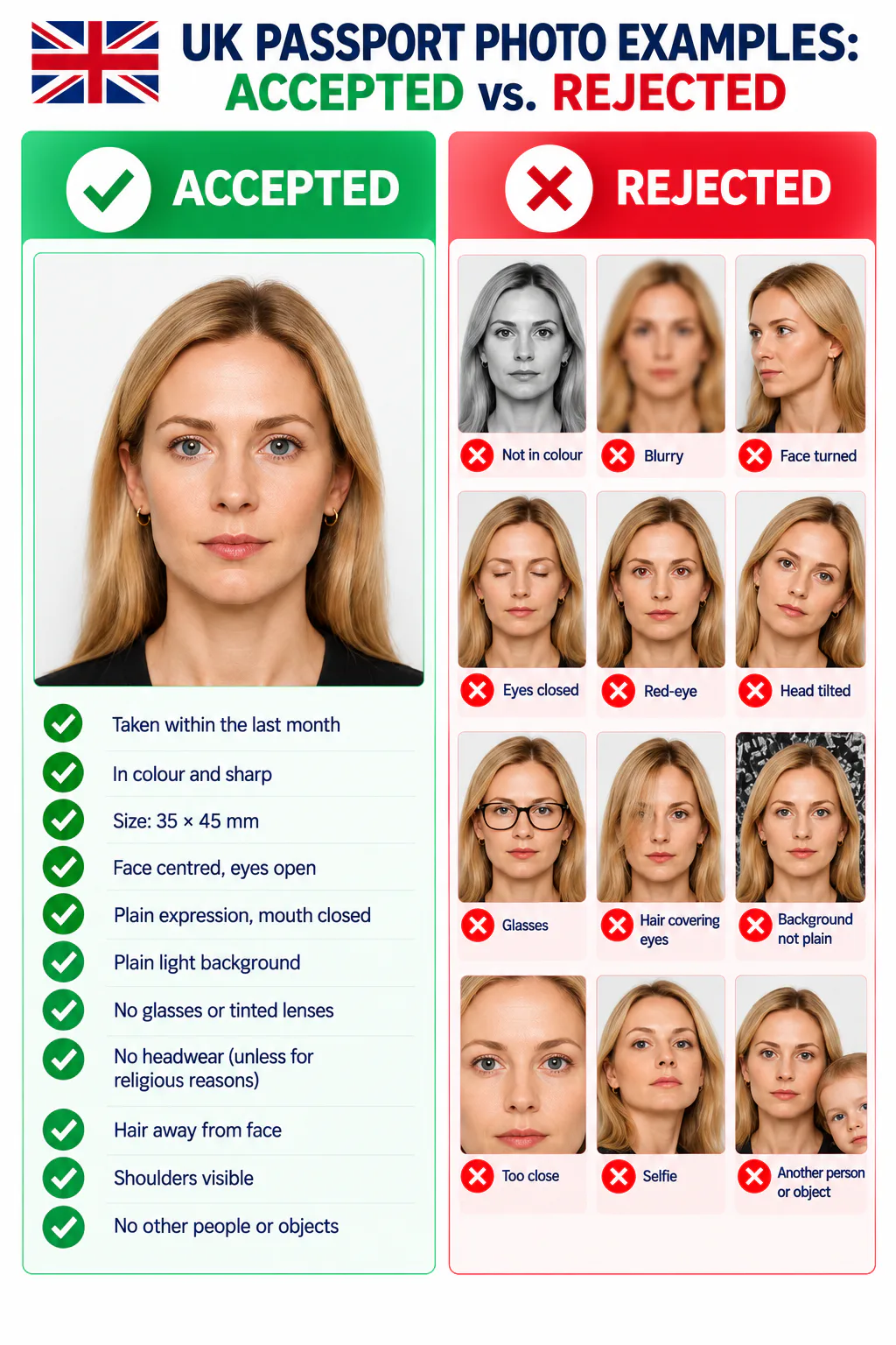 Accepted and rejected UK passport photo examples, showing common framing, background, expression, and image-quality errors.