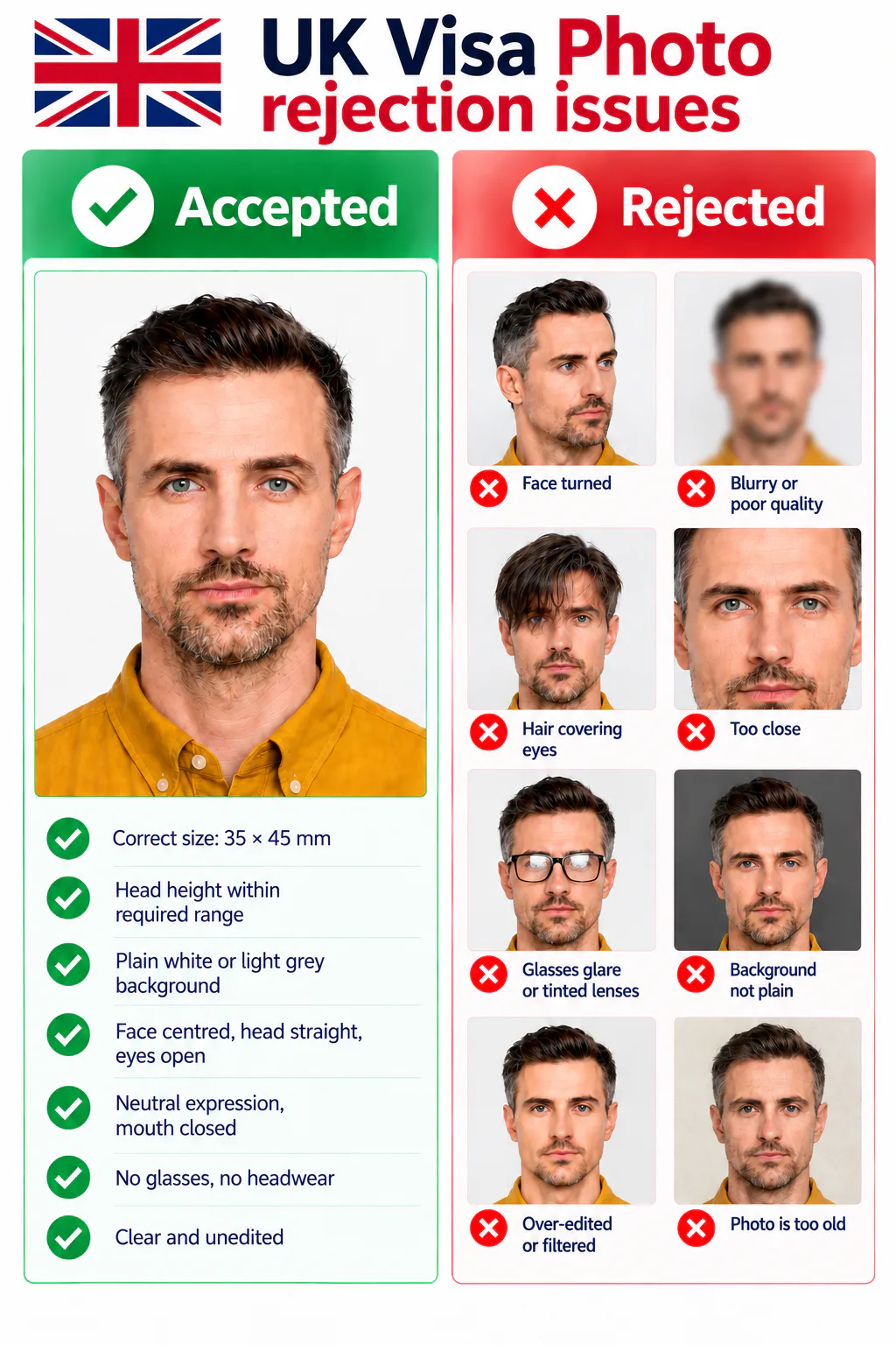 Accepted and rejected UK visa photo examples