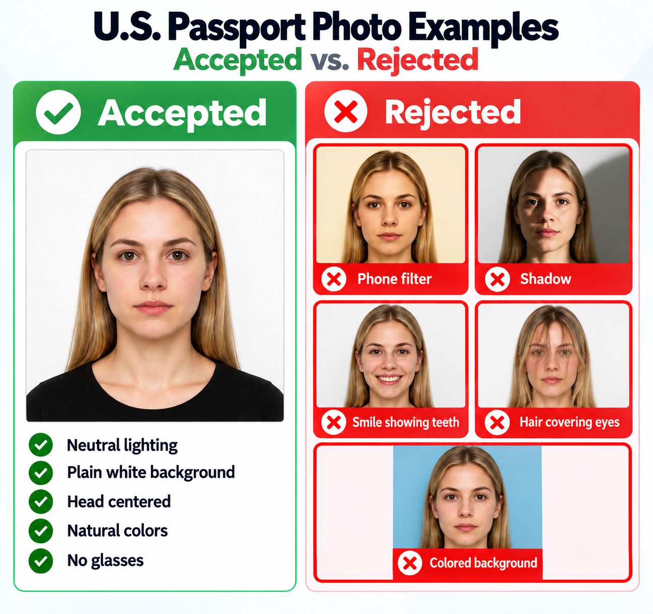 Accepted and rejected US passport photo examples, showing common framing, background, lighting, and accessory errors.
