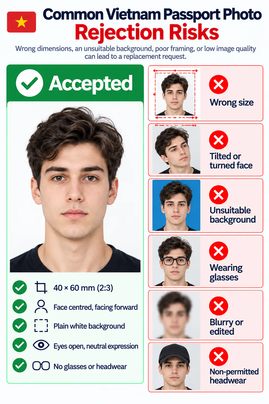 Accepted Vietnam passport photo beside examples rejected for wrong size, a tilted or turned face, an unsuitable background, glasses, blur or editing, and non-permitted headwear.