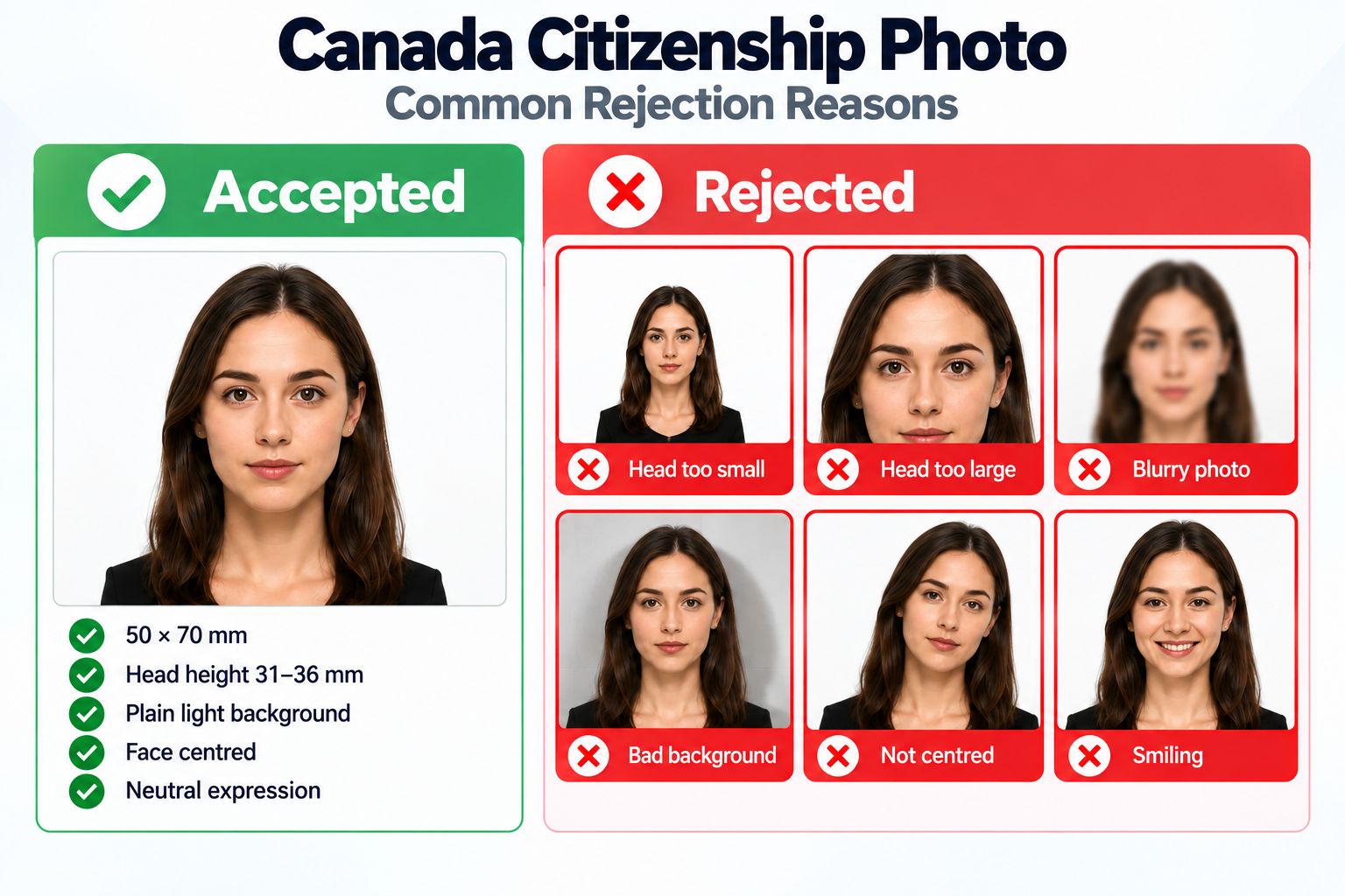 Canada citizenship photo accepted example and common rejection reasons for size, file format, focus, background, and expression.