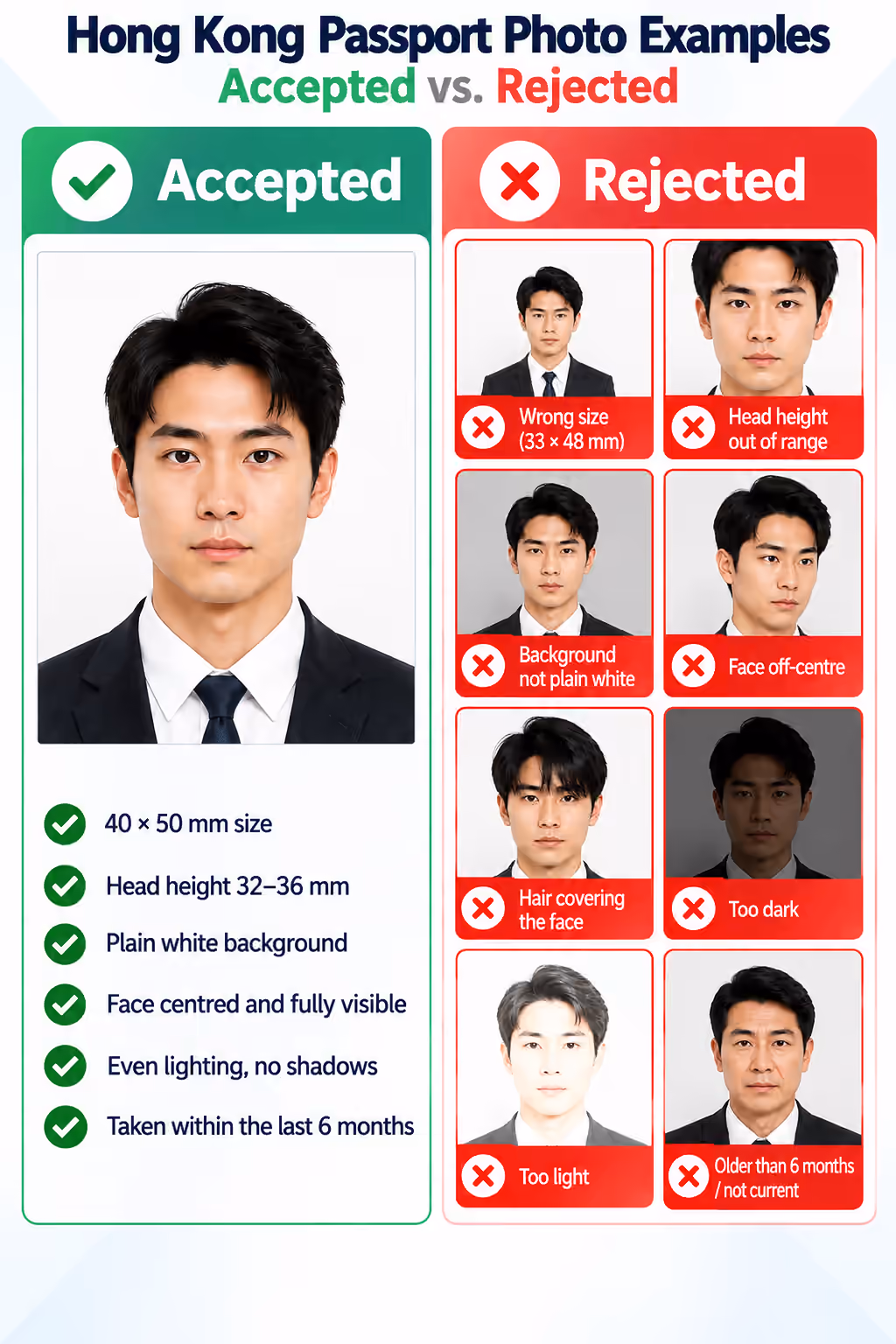Accepted Hong Kong passport photo alongside rejected examples showing the wrong size, incorrect head height, a non-white background, an off-centre face, hair covering the face, poor lighting, and an outdated photo.